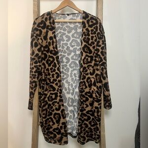 Leopard Print Open Front Cardigan with Pockets